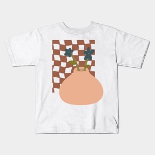 large ceramic vase with blue flowers on checkerboard background Kids T-Shirt